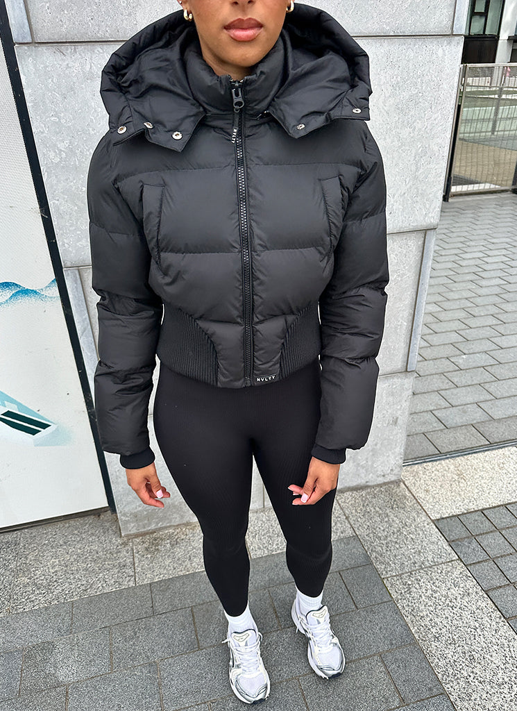 Cinched Waist Puffer Jacket - Black - Image 3