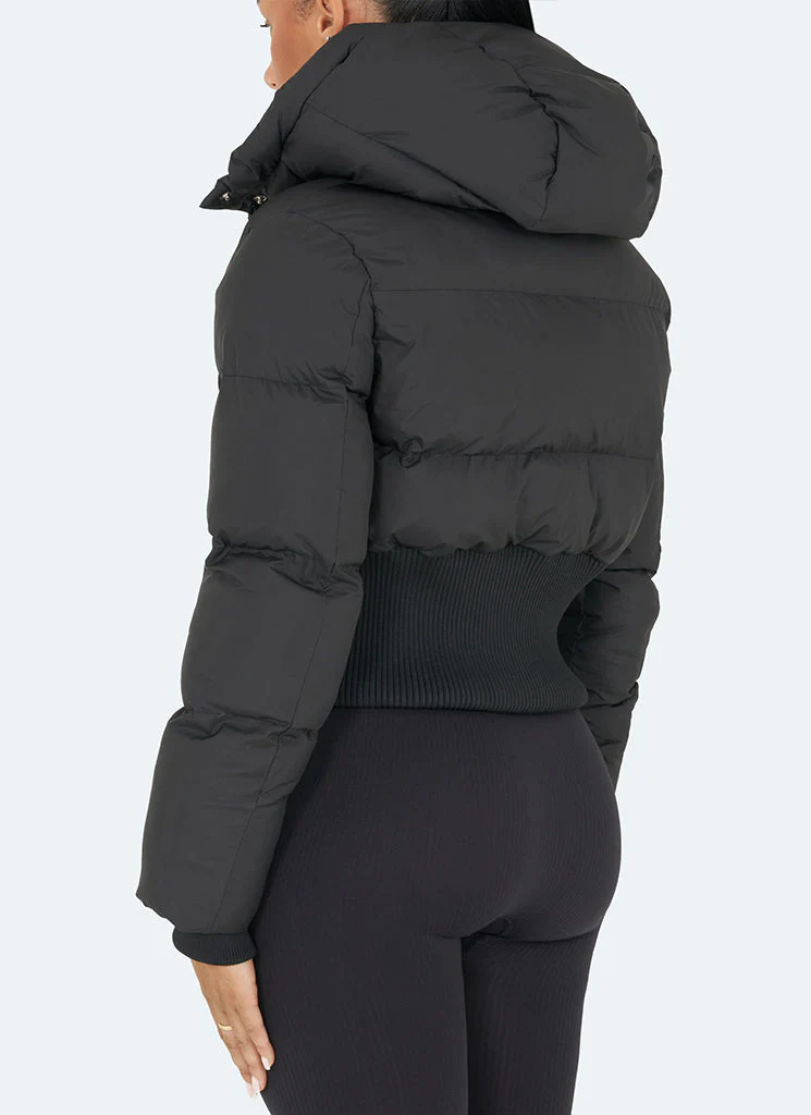 Cinched Waist Puffer Jacket - Black - Image 4