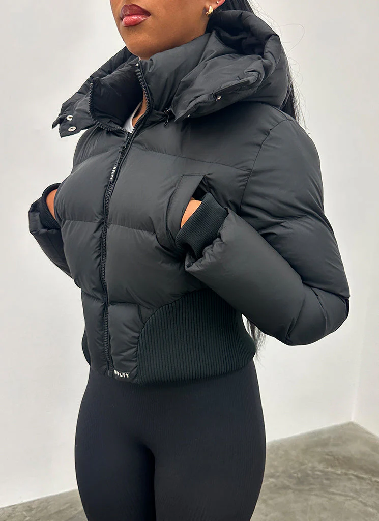 Cinched Waist Puffer Jacket - Black - Image 6