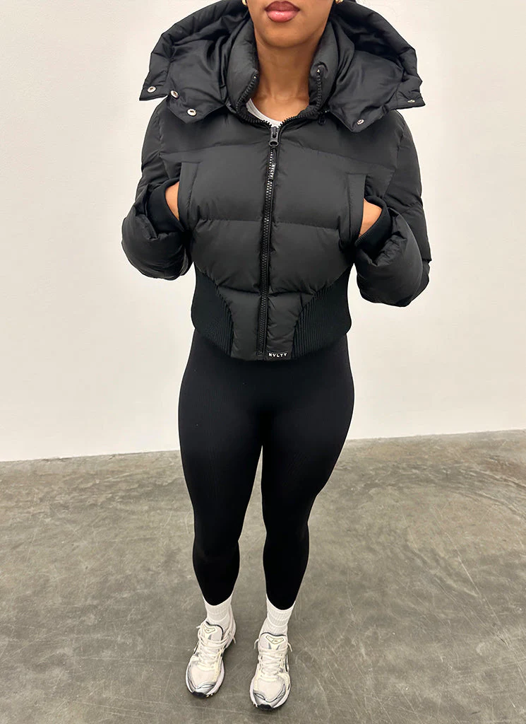 Cinched Waist Puffer Jacket - Black - Image 7