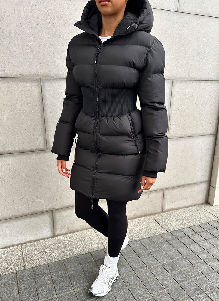 Long Cinched Waist Puffer Jacket - Black - Image 11
