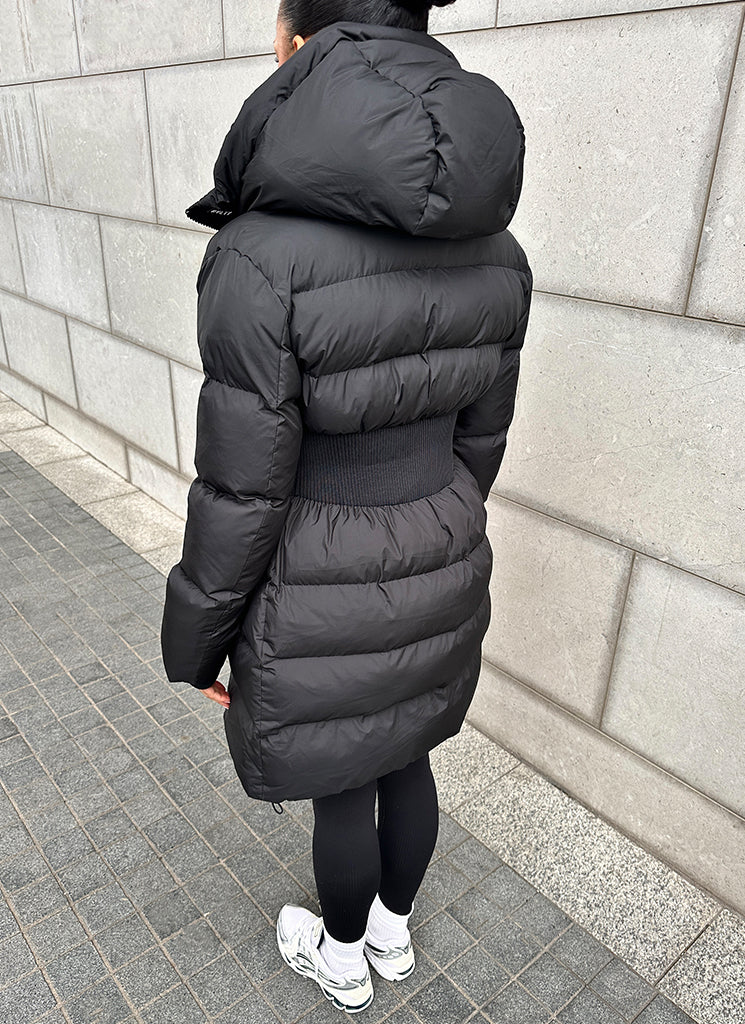 Long Cinched Waist Puffer Jacket - Black - Image 13