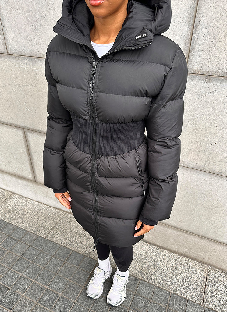 Long Cinched Waist Puffer Jacket - Black - Image 14