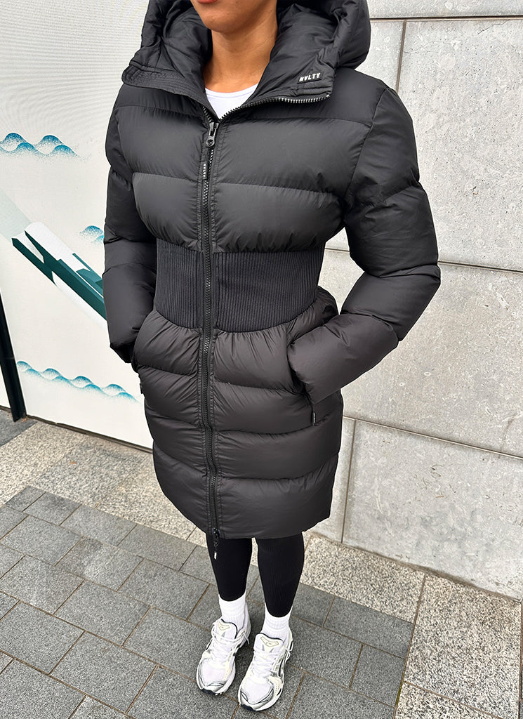 Long Cinched Waist Puffer Jacket - Black - Image 16