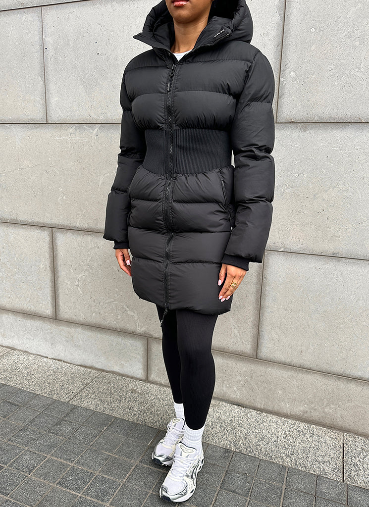 Long Cinched Waist Puffer Jacket - Black - Image 3