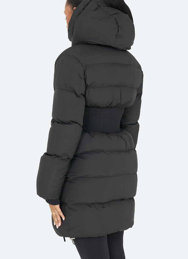 Long Cinched Waist Puffer Jacket - Black - Image 4