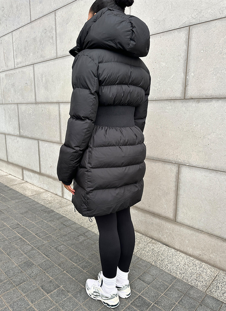 Long Cinched Waist Puffer Jacket - Black - Image 5