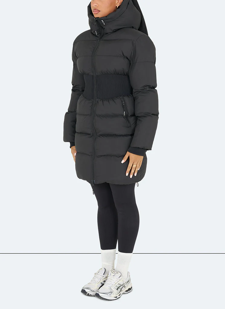 Long Cinched Waist Puffer Jacket - Black - Image 6