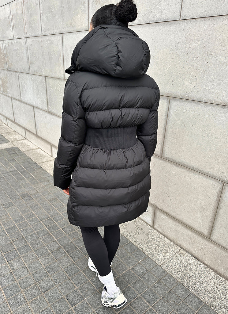 Long Cinched Waist Puffer Jacket - Black - Image 8