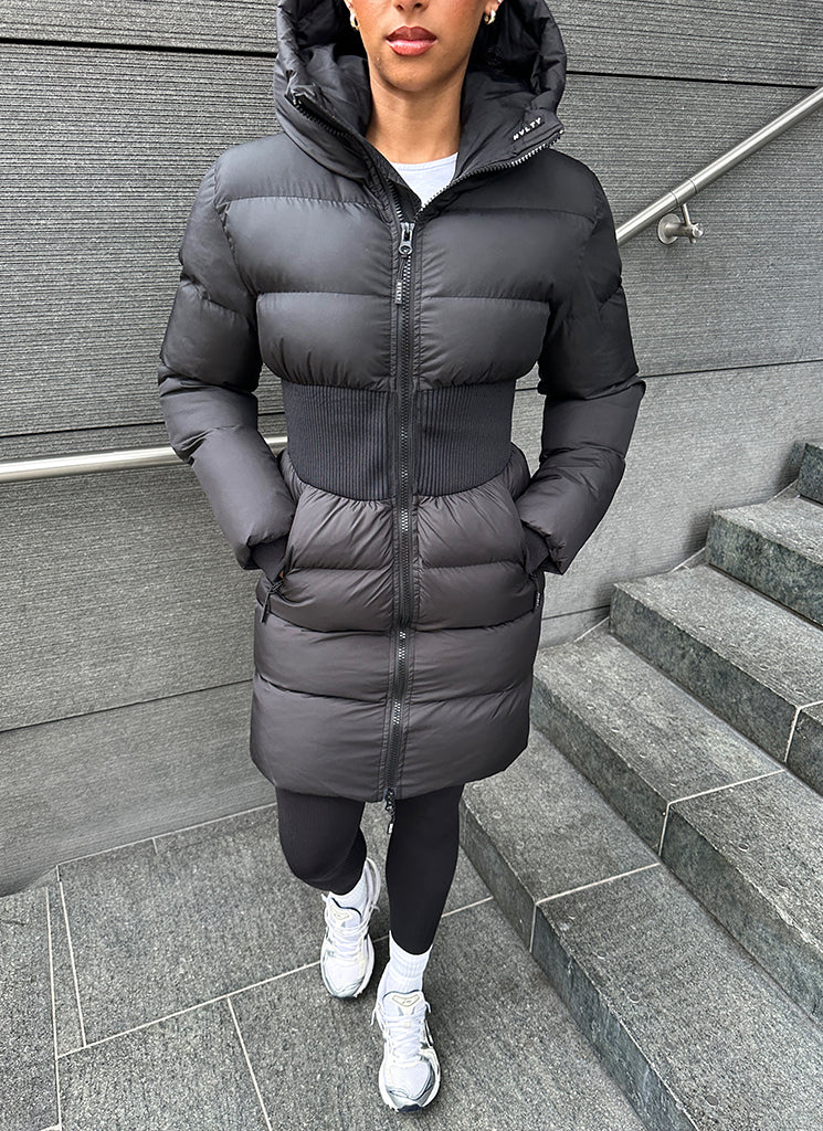 Long Cinched Waist Puffer Jacket - Black - Image 9