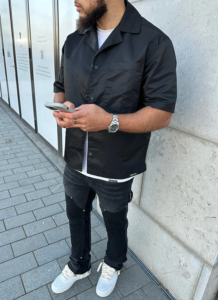 Nylon Open Collar Shirt - Black - Image 4