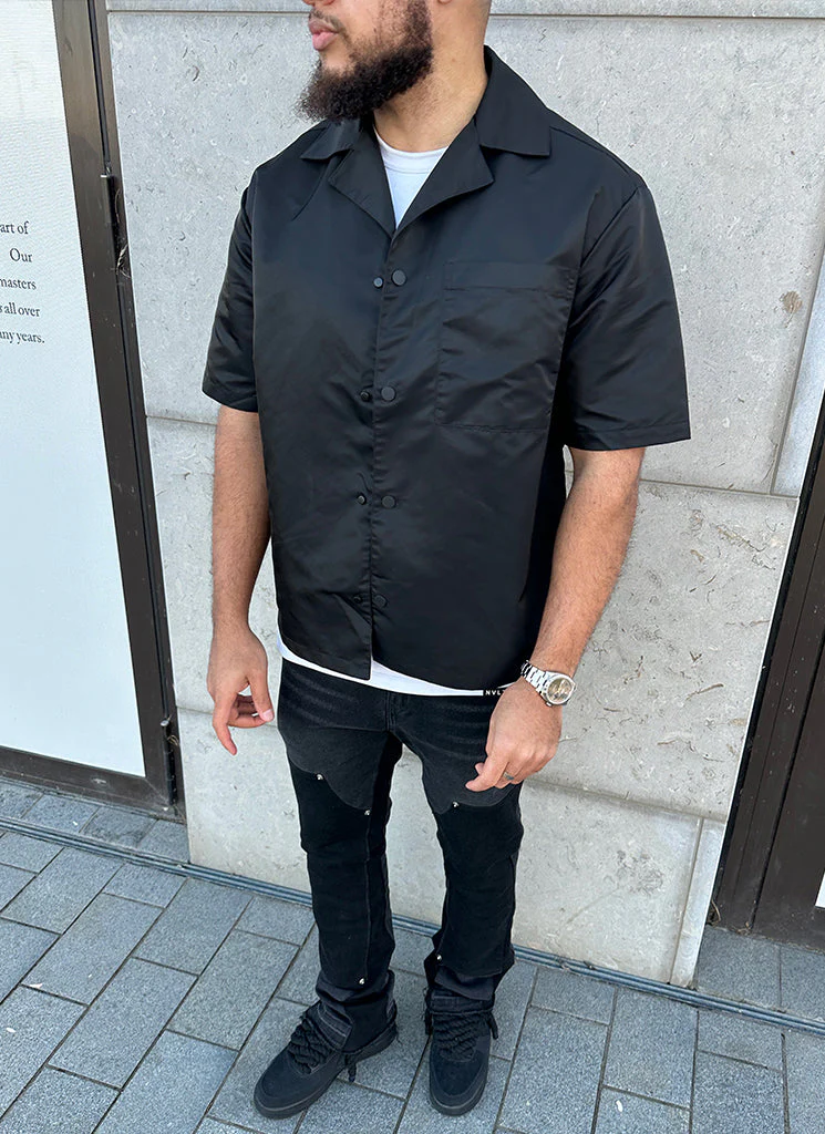 Nylon Open Collar Shirt - Black - Image 5