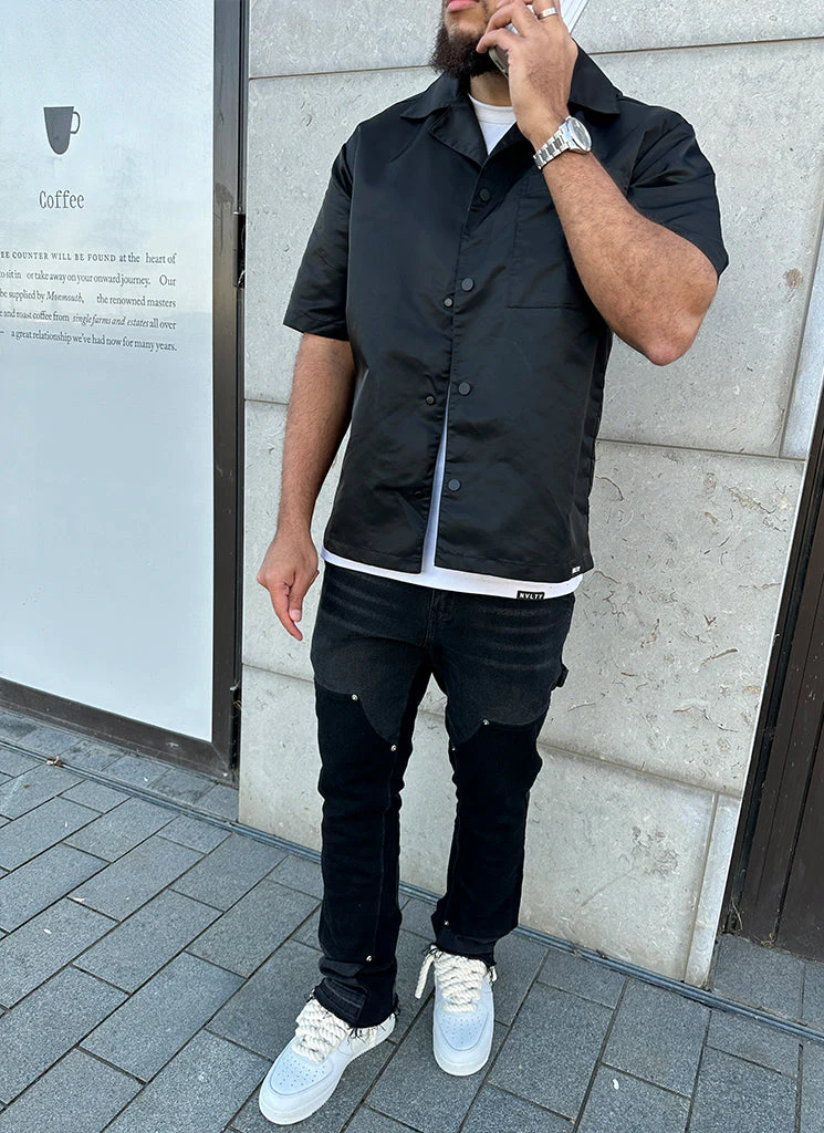 Nylon Open Collar Shirt - Black - Image 6