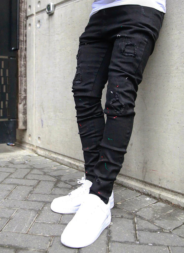 Patchwork Paint Jeans - Black - Image 3