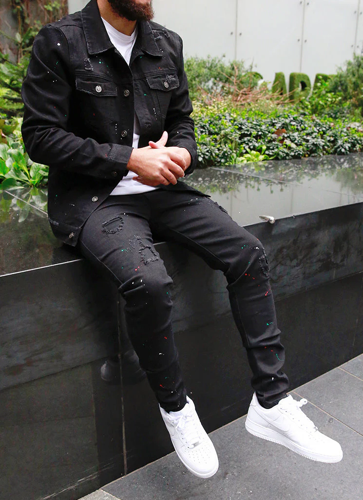 Patchwork Paint Jeans - Black - Image 5