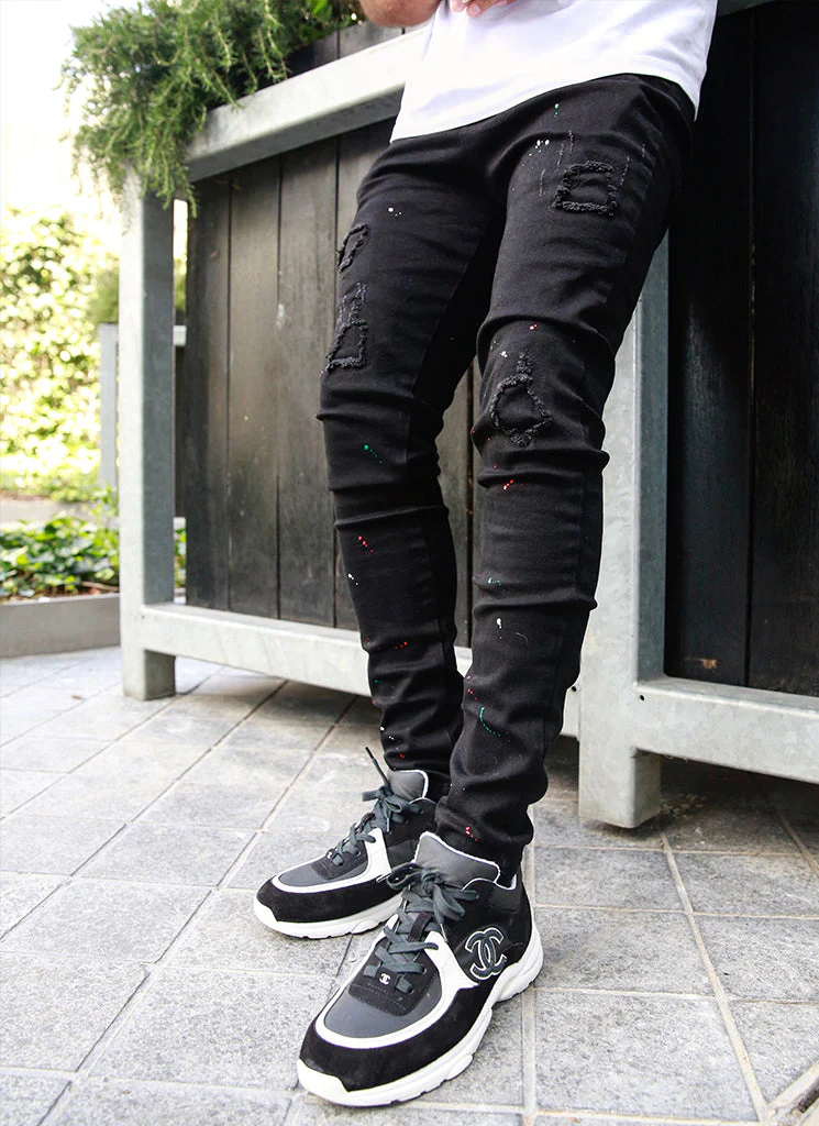 Patchwork Paint Jeans - Black - Image 8