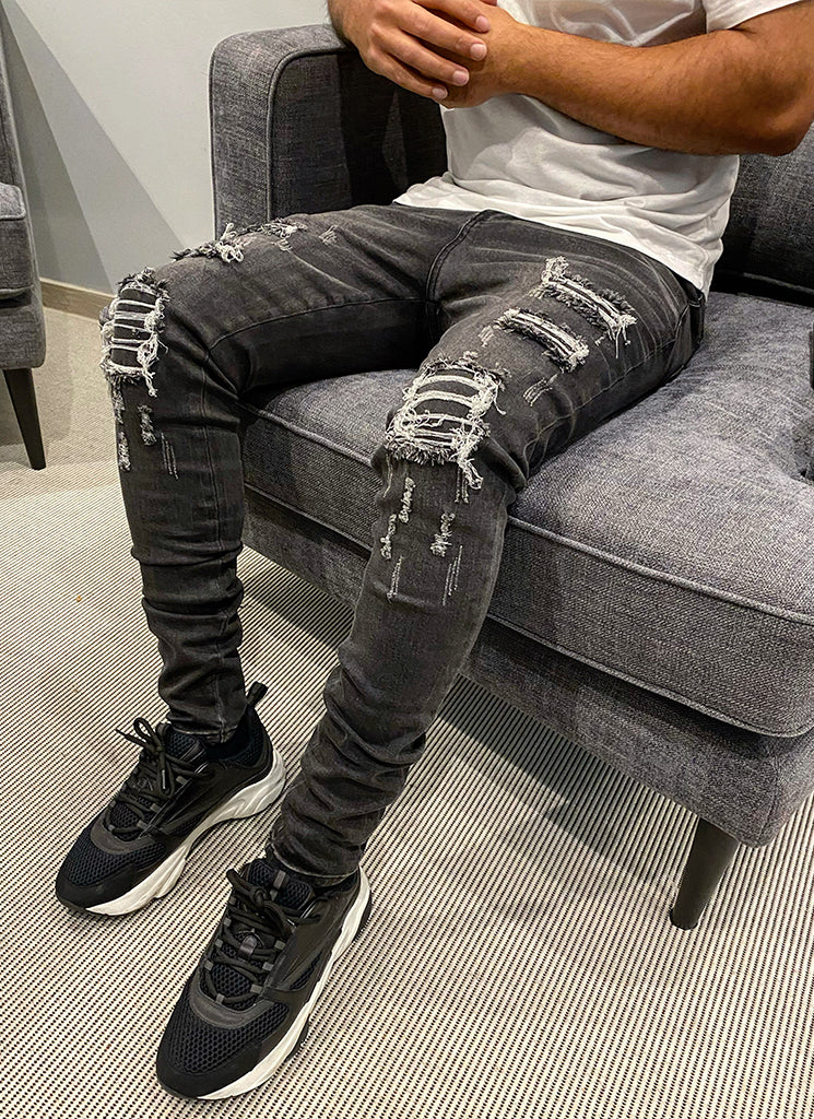 Ripped & Repaired Jeans - Grey - Image 3