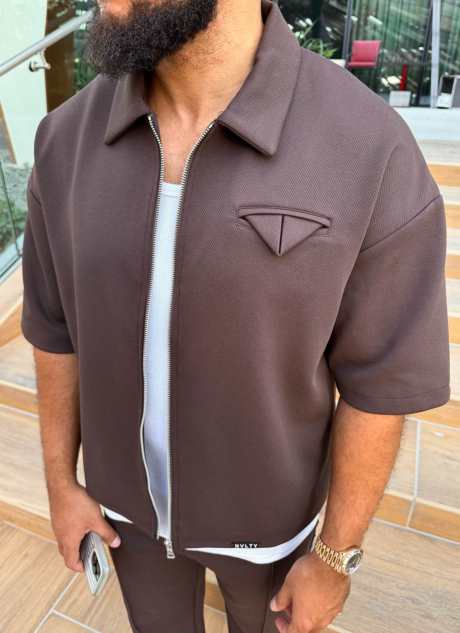 Twill Pocket Square Shirt - Brown - Image 11