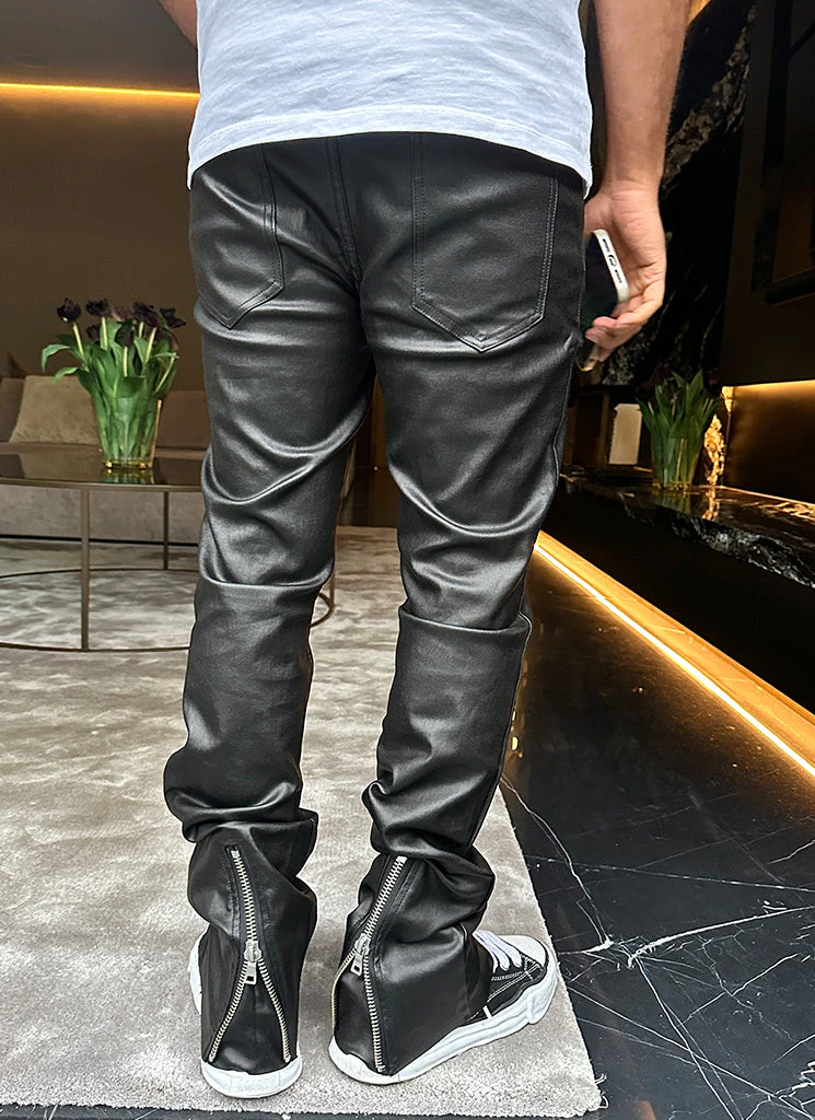 Vintage Flare Wax Hem Zipper Jeans - Black - Image 3